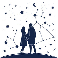 Couple holding hands under a starry night sky with constellations and crescent moon © murad