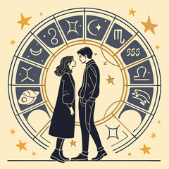 Couple gazing at each other against a zodiac wheel with stars and celestial symbols