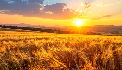 Obraz premium A radiant sunset bathes a vast wheat field in golden light. The sun dips behind rolling hills, casting long shadows