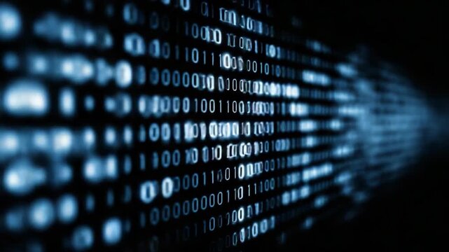 Digital Data Stream: A captivating visual of binary code flowing seamlessly, representing the dynamic essence of information technology, the digital world.