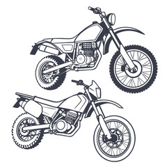 Two detailed line art illustrations of off road dirt bikes or enduro motorcycles on a white background