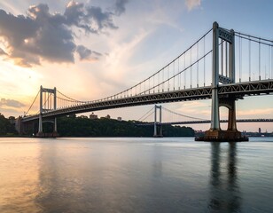 Obraz premium A majestic bridge spans a tranquil river at sunset
