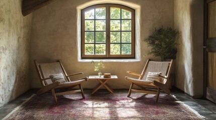 Fototapeta premium A rustic, sun-drenched room with a wooden armchair, a patterned rug, and a lush plant in front of a large window.