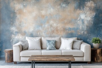 Fototapeta premium A stylish living room boasts a textured, distressed blue and beige wall, complemented by a cream sofa and rustic wooden furniture.