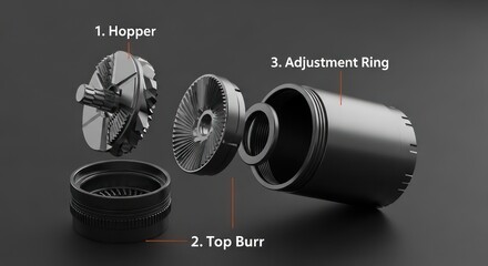 Exploded View of a Coffee Grinder Mechanism with Hopper, Burr, and Adjustment Ring