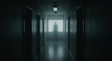 A dark hallway features a ghostly figure silhouetted in a distant glowing window