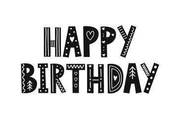 Happy birthday lettering in a scandinavian style. Hand drawn decorative typography for a kids greeting card.
