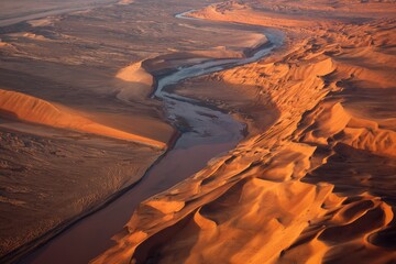 Aerial view of a river winding through desert dunes