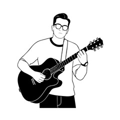 Obraz premium Black and white line art of a cool man playing guitar in casual outfit minimalist stylish illustration 