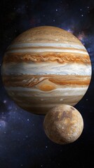 The planet Jupiter and its moon Io are depicted against a backdrop of stars and cosmic dust in this colorful space illustration.