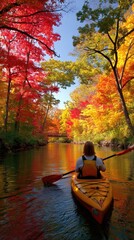 Fototapeta premium A person paddles a kayak down a peaceful river surrounded by vibrant autumn foliage in a stunning colorful fall landscape environment now.