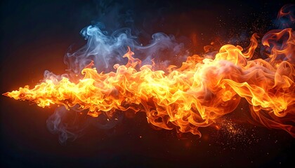 Fiery stream, swirling orange and blue flames against dark background