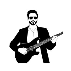 Obraz premium Black and white line art of a cool man playing guitar in casual outfit minimalist stylish illustration 