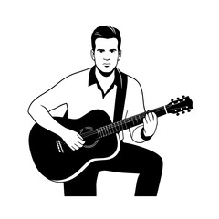 Obraz premium Black and white line art of a cool man playing guitar in casual outfit minimalist stylish illustration 