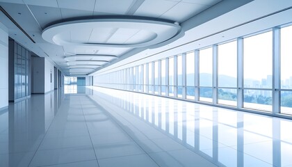 A long, modern hallway with large windows offering cityscape views. The floor reflects light, creating a sense of spaciousness