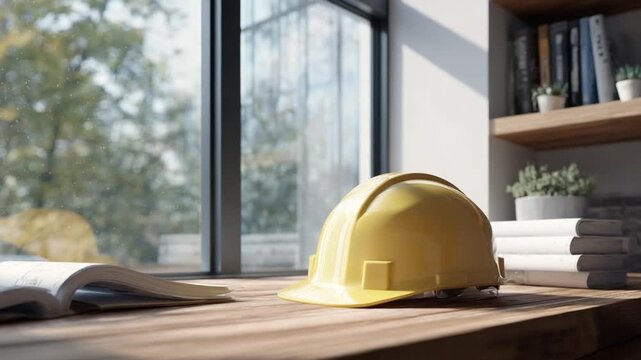 Safety Helmet on Worktable: A solitary safety helmet rests on a wooden worktable near a window, bathed in soft natural light, symbolizing a construction site or design studio.