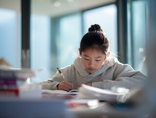 focused girl studying at bright table, surrounded by books and stationery, showcasing dedication and concentration in her learning environment