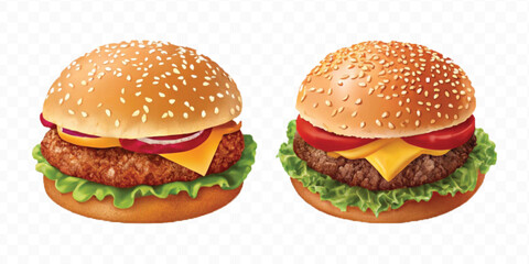 realistic tasty beef burger set in different style isolated on transparent background