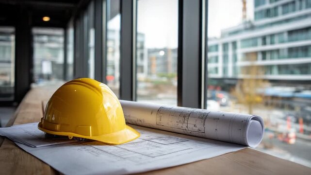Construction Blueprint and Hard Hat: A detailed blueprint rests alongside a yellow hard hat. revealing a dynamic view of the ongoing construction site.