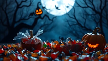 A spooky Halloween scene featuring a ground-level view of jack-o'-lanterns and bowls overflowing with candy, all under a glowing full moon and silhouetted trees