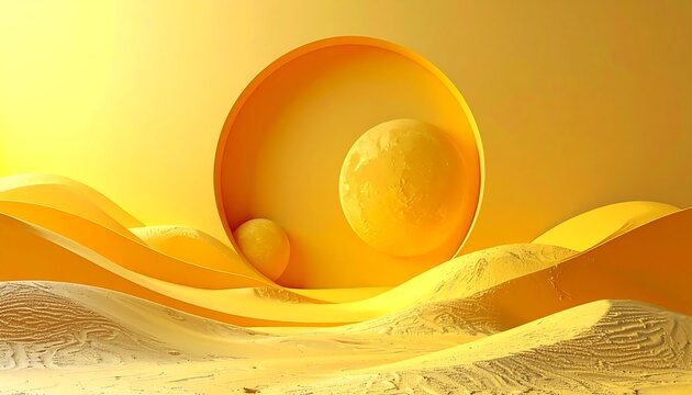 Golden desert landscape with celestial bodies