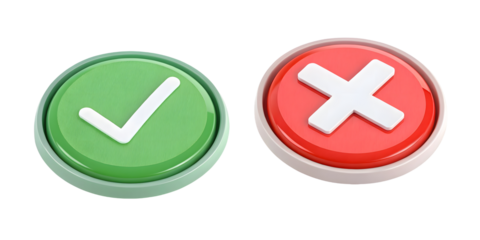 Green check mark and red cross sign isolated on white or transparent background