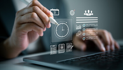 Close-up hand using stylus to interact with virtual clock and checklist interface. Concept for time management, digital planning, productivity, business strategy and task scheduling systems.