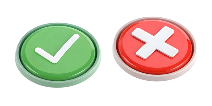 Green check mark and red cross sign isolated on white or transparent background