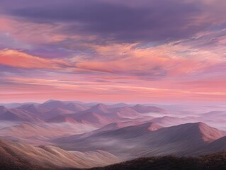 Obraz premium A stunning vista displays distant mountain ranges bathed in soft light under a pastel sky adorned with pink and purple clouds at sunset.