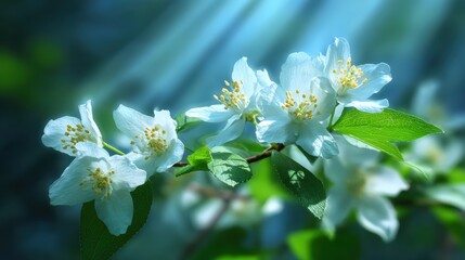 Obraz premium Sunlight streams down upon a delicate branch of white jasmine blossoms with vibrant green leaves in a natural and serene environment scene.