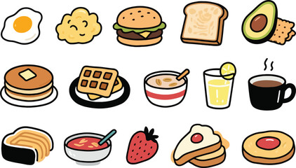 A Colorful Collage of Delicious Breakfast Foods Depicting a Variety of Popular Morning Meals with Bold Lines