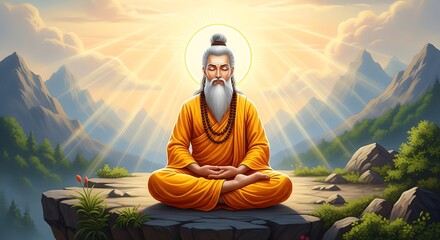 Ancient Indian Sage Meditating on Mountain: Spiritual Yogi in Sunrise, Peaceful Meditation, Enlightenment, Wisdom, Divine Aura, Yoga Practice, Nature Calmness, Ascetic Lifestyle, Vedic Philosophy Art 