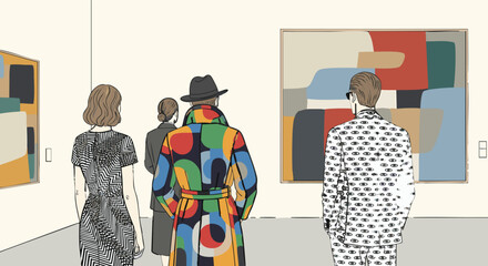 Stylishly dressed individuals admiring abstract artwork in a contemporary museum illustration fashion vibrant diverse culture exhibition art gallery modern design unique