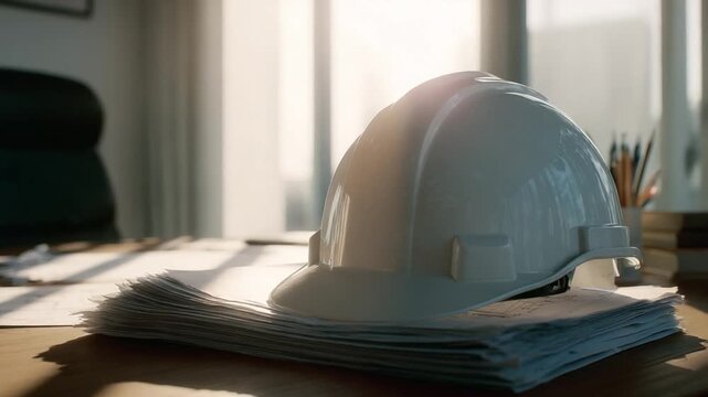 Architect's Workspace: A close-up shot of a pristine white hard hat resting atop a stack of architectural blueprints on a wooden desk, bathed in soft natural light from a nearby window.