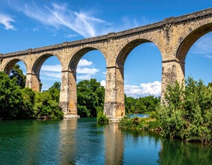 Stone arch bridge over river, lush greenery