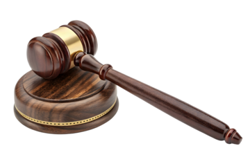 Wooden judge gavel and sound block isolated on white or transparent background