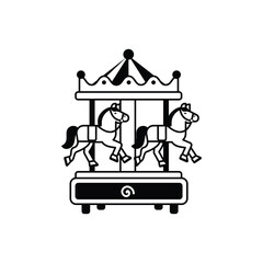 A monochrome illustration of a carousel with two horses and a decorated top set on a platform with a visible turn symbol. Icon vector illustration