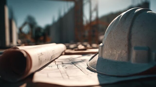 Blueprint of Construction: An overhead perspective on a construction site reveals a roll of architectural blueprints, a pristine white hard hat, and the backdrop of the construction site
