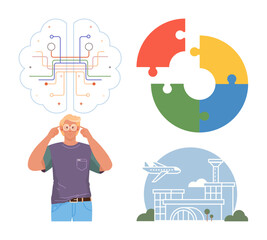 Man standing with glasses and pondering. Digital brain represents creativity, puzzle diagram symbolizes problem-solving, and airport conveys travel. Ideal for innovation, strategy, analytics