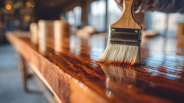 applying shellac over stian in wood table with a brush. AI generative.