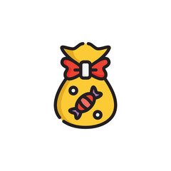 A yellow sack tied with a red bow adorned with a candy and two dots. Icon vector illustration