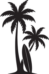 Naklejka premium Retro silhouette of coconut trees with a surfboard leaning against a trunk evoking a vintage beach vibe isolated on white background