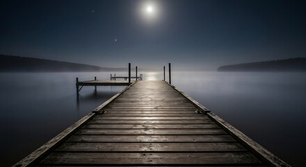 Obraz premium A wooden dock leads to a calm lake under a night sky with a bright moon above