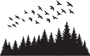 Silhouette of a forest with birds flying in formation above evoking vintage motion and freedom isolated on white background