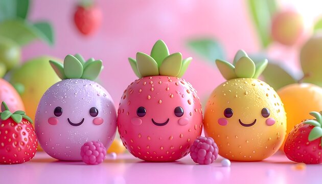 A Cheerful Trio of Cute Kawaii Fruit Characters with Smiling Faces.