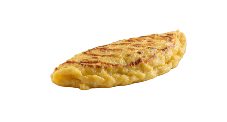 Close-up of a golden-brown omelette on a white plate, perfect for culinary websites, recipe blogs, and food magazines.