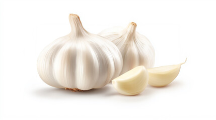 白背景に並べたニンニクと剥いたニンニク