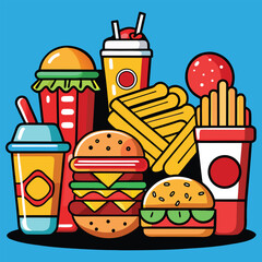 Colorful Fast Food Vector Illustration – Burger, Fries, Drinks, and Snacks on Blue Background