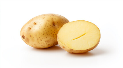 白背景に置かれたジャガイモとカットしたジャガイモ