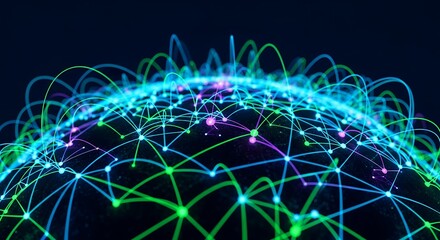 Abstract globe with interconnected lines and nodes, glowing with green, blue and purple hues. Concept for network visualization, global communications and data analysis